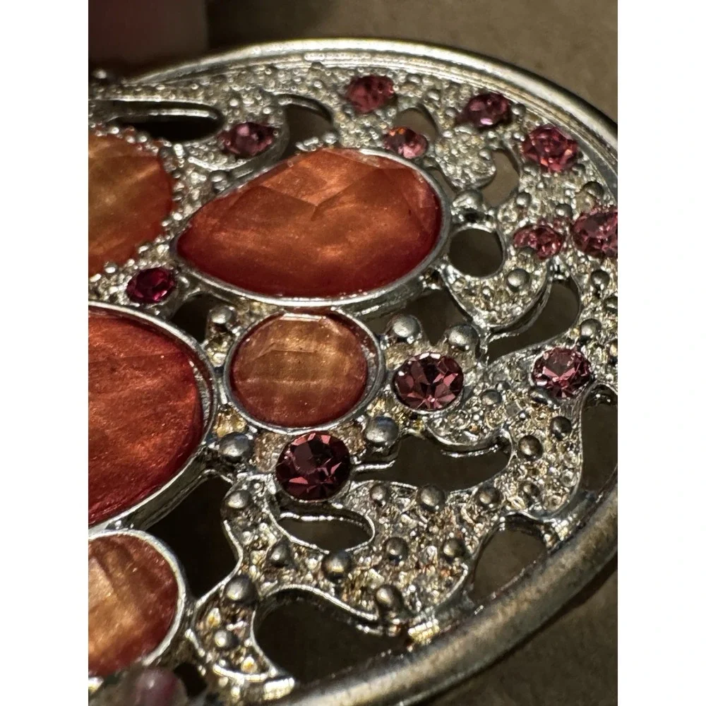 Silver Tone Orange Pink Resin Rhinestone Round‎ Filigree Pendant Necklace 18in